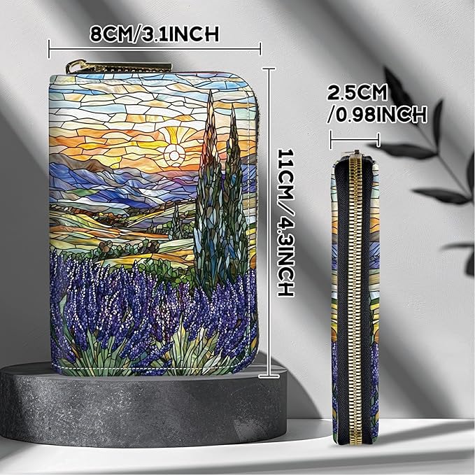 Cute Credit Card Holder with Zipper, Stained Glass Lavender RFID-Blocking Card Case Small Wallet for Women Men, Multi-slot Card Organizer Case Travel Accordion Wallet