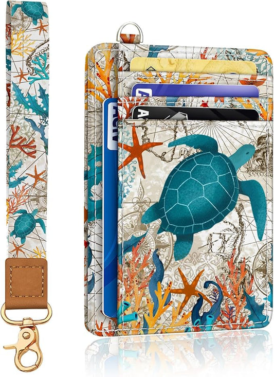 Yonlevres Sea Turtle Credit Card Holder Slim Wallet, RFID Wallet Women Front Pocket Wristlet Lanyard, Small Card Holder Travel Cute Thin ID Window PU Leather Funny Case Organizer Gifts Girls