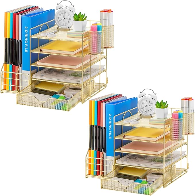 Marbrasse Desk Organizer with File Holder, 5-Tier Paper Letter Tray Organizer with Drawer and 2 Pen Holder, Mesh Desktop Organizer and Storage with Magazine Holder for Office Supplies (Gold 2p)