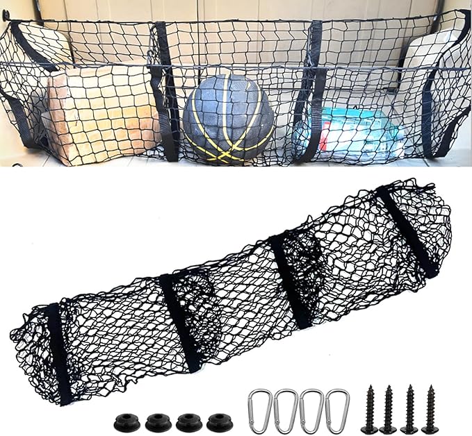 Car Cargo Net, Expandable Three-Compartment Trunk Luggage Net with High-Elastic Mesh Surface, Heavy-Duty Cargo Organizer with 4 Carabiners, Universal Car Storage Accessory (Black)