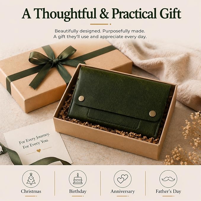 Leather Currency Pouch - Handmade Cash Organizer with Double Button Closure & Zipper Pocket, Compact Money Holder for Travel & Everyday Use, 4 x 8 Inch (Green)