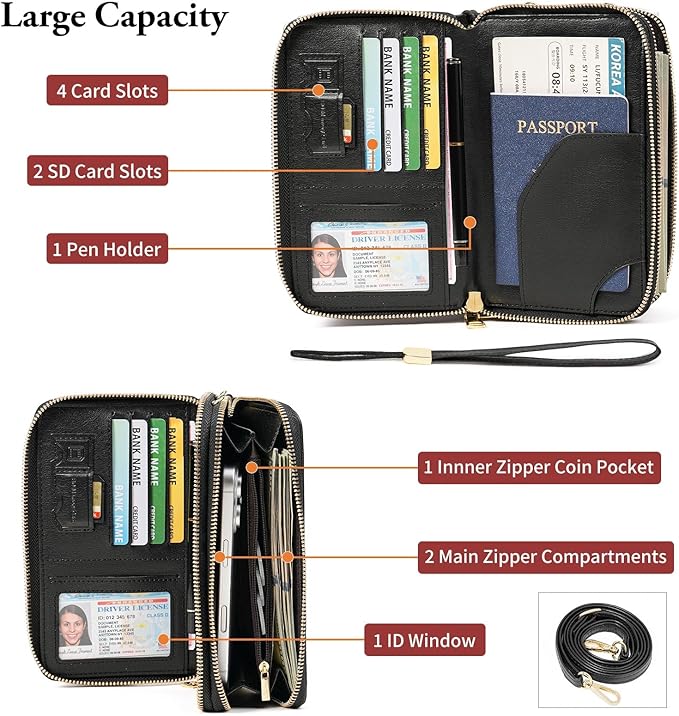 GOIACII Passport Wallet Travel Crossbody Bags for Women Wristlet Phone Purse Double Zip Vegan Leather Black