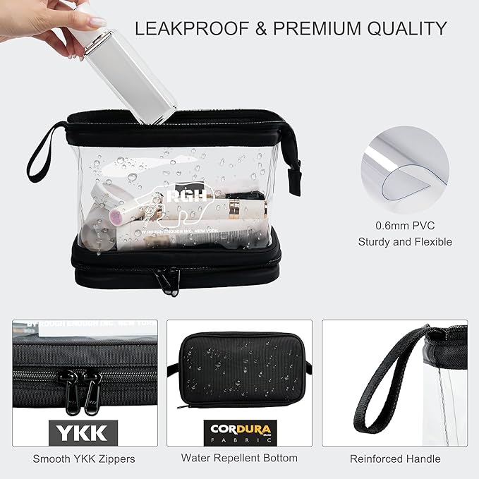 Rough Enough Clear Cosmetic Bag for Women and Men, Leakproof Travel Makeup Organizer, with Detachable Brush Pouch, Large Opening, 6.5”x5”x8.5”