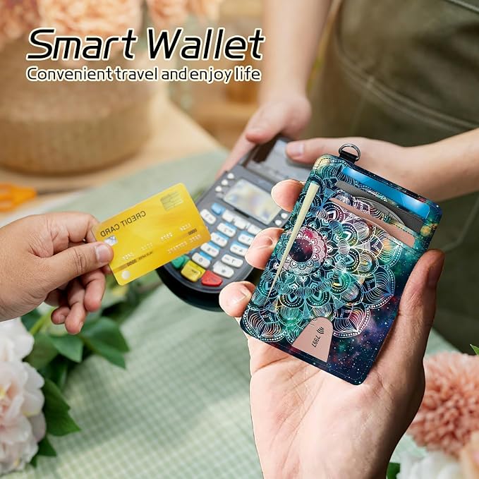 Small Travel Wallets, Art Mandalas Slim Minimalist Front Pocket Wallet with Wristlet, RFID Blocking PU Leather Credit Card Holder with ID Window Change Purse for Men Women
