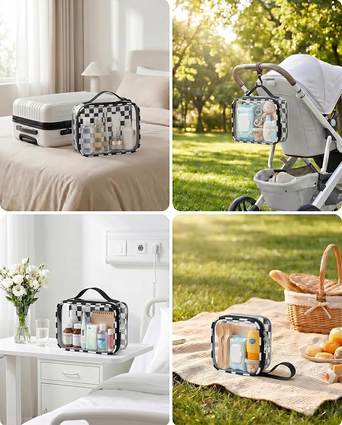 LETGO Checkered Diaper Bag Organizer Pouch Set,TSA Approved Toiletry Bag,Clear Waterproof TPU Makeup Bag Set Travel Organizer Bags for Women and Kids Toiletry Bag Set for Baby and Mom Essentials