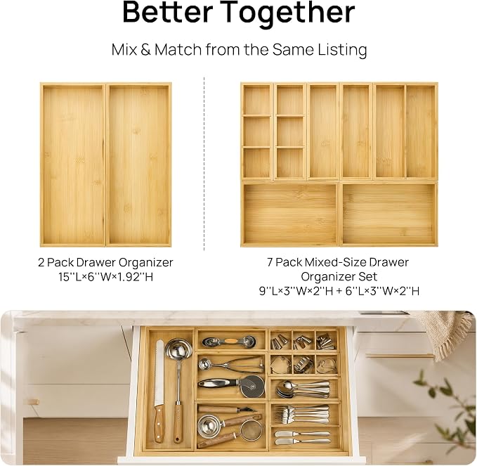 Vtopmart Bamboo Drawer Organizer Boxes - Set of 2 Multi-purpose Wooden Storage Dividers for Kitchen, Bathroom, Office, Desk, Makeup, Jewelry & More, Non-Slip Junk Drawer Organizer Trays for Storage