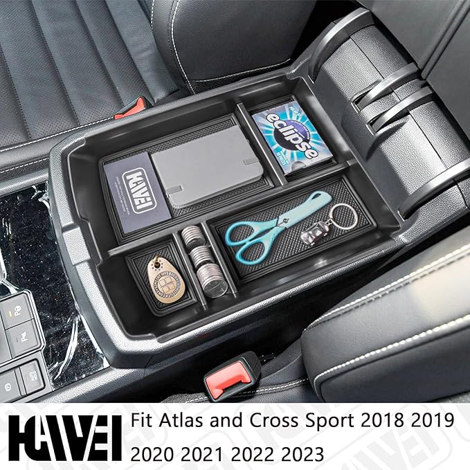 HGWEI Center Console Organizer Compatible with VW Atlas and Cross Sport 2018 2019 2020 2021 2022 2023 Accessories, Interior ABS Armrest Storage Box Insert Tray (Not Fit 2024 2025), Black