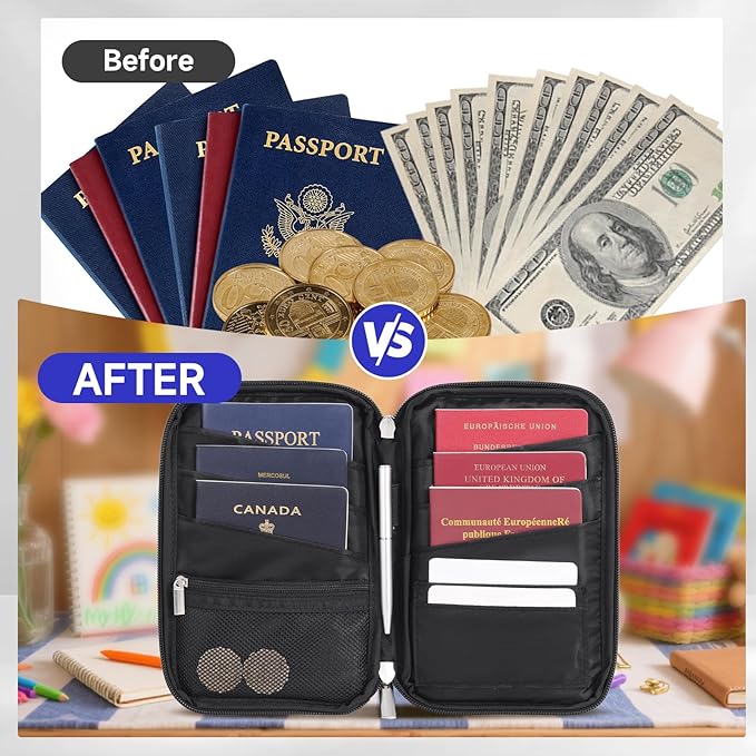 WALNEW Family Passport Holder for 5 - Large Travel Organizer Holds up to 6 Passports, RFID Blocking Water Resistant Document Wallet for Cards, Tickets, Boarding Passes