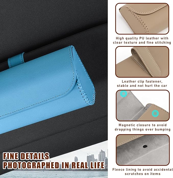 Augeny Sunglasses Holder for Car Sun Visor, Leather Auto Eyeglasses Storage Case with Hidden Magnetic Closure, Protective Glasses Organizer Box, Vehicle Visor Accessories for Woman Man (Sky Blue)