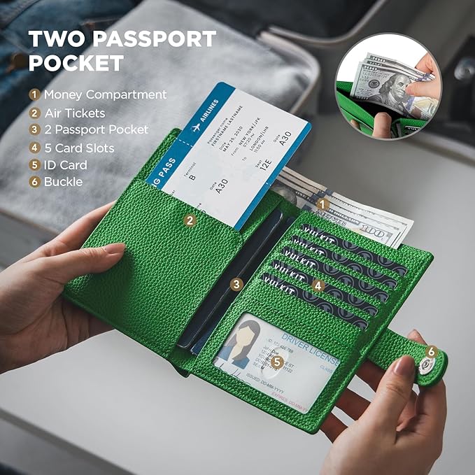 VULKIT Leather Passport Wallet for 2 Passports Slim Double Passport Holder RFID Blocking Passport Travel Wallet with ID Window for Women