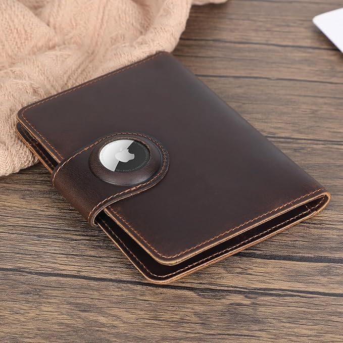 Polare Full Grain Leather Slim and Soft RFID Blocking wallet For Men Snap Bifold Travel Wallet Passport Holders 2 Passports (Dark Brown with AirTag Slot)