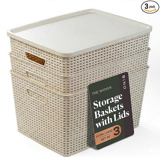 BINO | Plastic Storage Baskets with Lids, 33 Liter - 3 Pack, Natural | THE WOVEN COLLECTION | Storage Basket for Shelves | Woven Storage Baskets for Organizing Bins | Pantry Shelf Organizer Bin