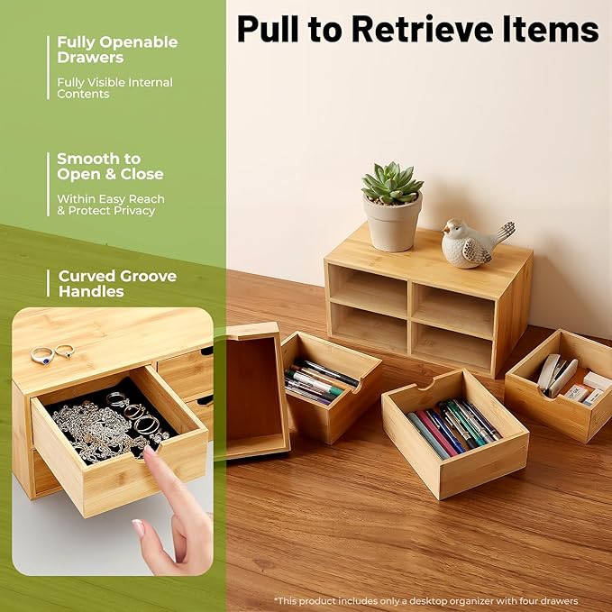 Desk Organizer 4 Drawers Tabletop Storage Organization Box, No Assembly Needed for Home Office Storage, 12.99 * 7.48 * 6.3in (2 above & 2 below)