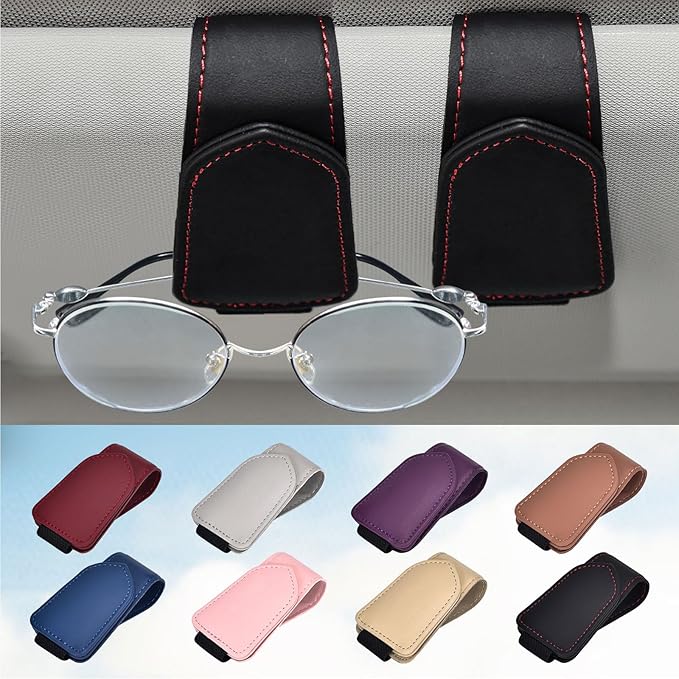 Hoffi Black Sunglasses Holder for car Visor, 2 Packs Magnetic Leather Sunglasses Clip for car Visor, car Accessories for Women and Men Interior, Visor Sunglasses Holder Clip（Black*2）