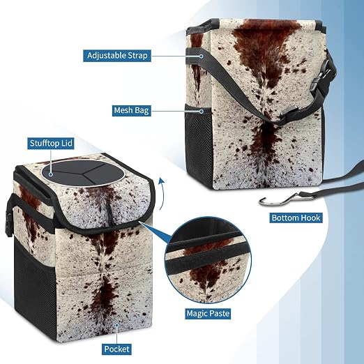 Western Brown Cow Print Car Trash Can with Lid Collapsible Reusable Waterproof Car Garage Bag,Automotive Garbage Can,Car Accessories Interior Car Organizer