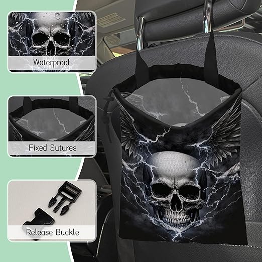 Skull Lightning Car Garbage Bag,Waterproof Small Car Trash Bag Hanging Back of Seat,Drawstring Hanging Car Trash Bag with Adjustable Buckle for Car Accessories