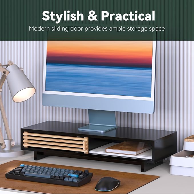 Monitor Stand with Sliding Bamboo Doors, 25 Inch Heavy Duty Wood Computer Monitor Riser, Ergonomic Desk Organizer with Storage & Keyboard Tray, Natural & Black