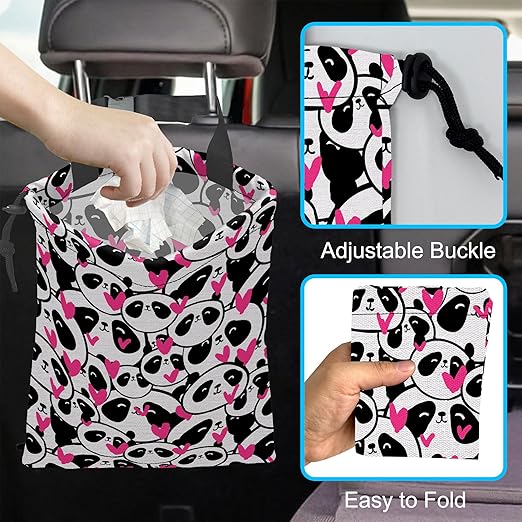 Car Trash Bag Hanging Cute Panda and Heart Car Trash Can Waterproof Garbage Bag Hanging for Car Back Seat