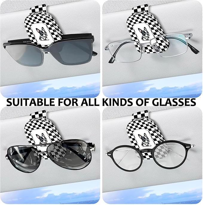 2 Pack Magnetic Leather Sunglass Holder, Universal Magnetic Car Eyeglass Hanger Clip for Different Size Eyeglasses, Car Visor Accessories (Checkered Dog)
