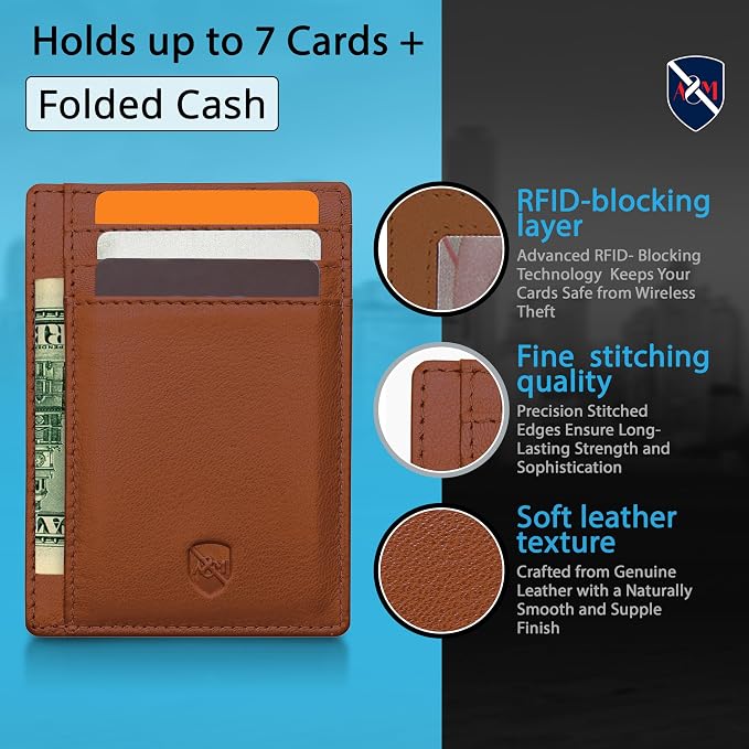 ALLEN & MATE 100% Genuine Leather Slim Minimalist wallet RFID Blocking Card Holder Wallets for Men & Women - Holds 7 Cards, ID & Cash with Gift Box (Tan)
