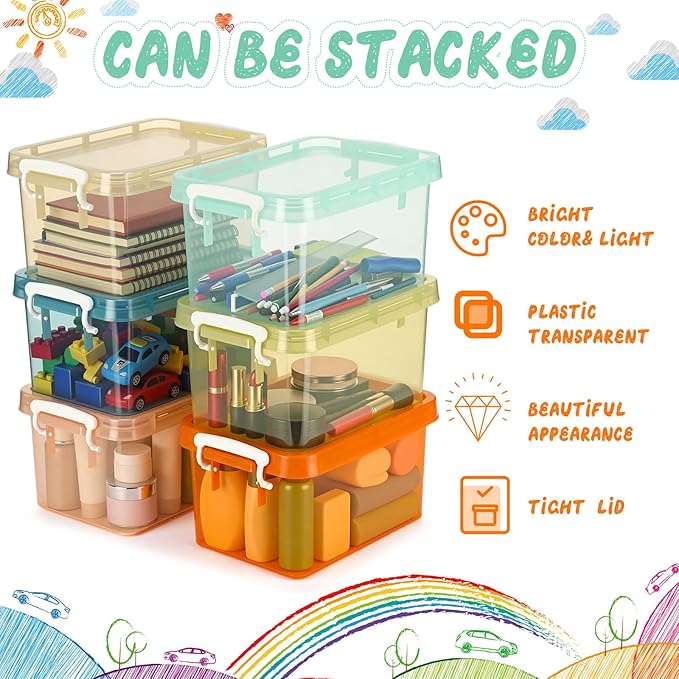 Wenqik 6 Pack Colorful Plastic Storage Bins with Lids 4 Quart Small Storage Latch Box Stackable and Nestable Clear Organizer Bins with Latching Handle and Buckle for Organizing (Mondrian)