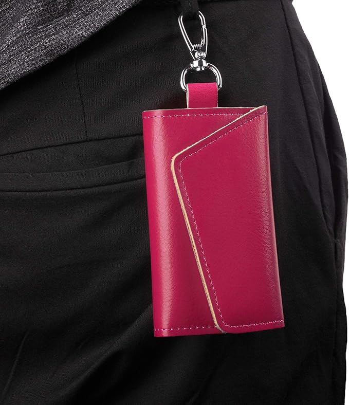 BAKUN Compact Leather Car Key Case, Key Holder Key Organizer Wallet, With 6 Hooks(RoseRed)