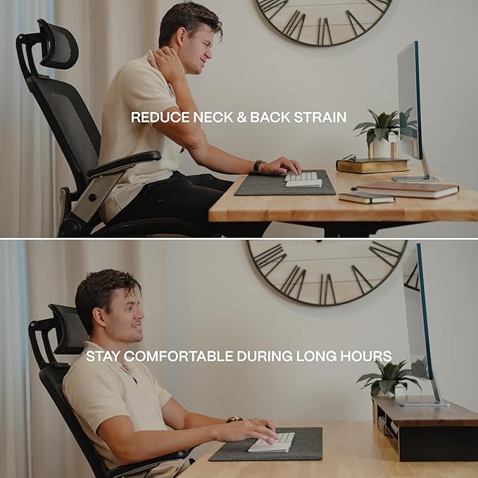 COREMINDED Solid Wood Dual Monitor Stand Riser ??43" Oak Desk Shelf for 2 Monitors with Tray & Wool Felt, Organizer for Desktop, Laptop and Office (Solid Oak)