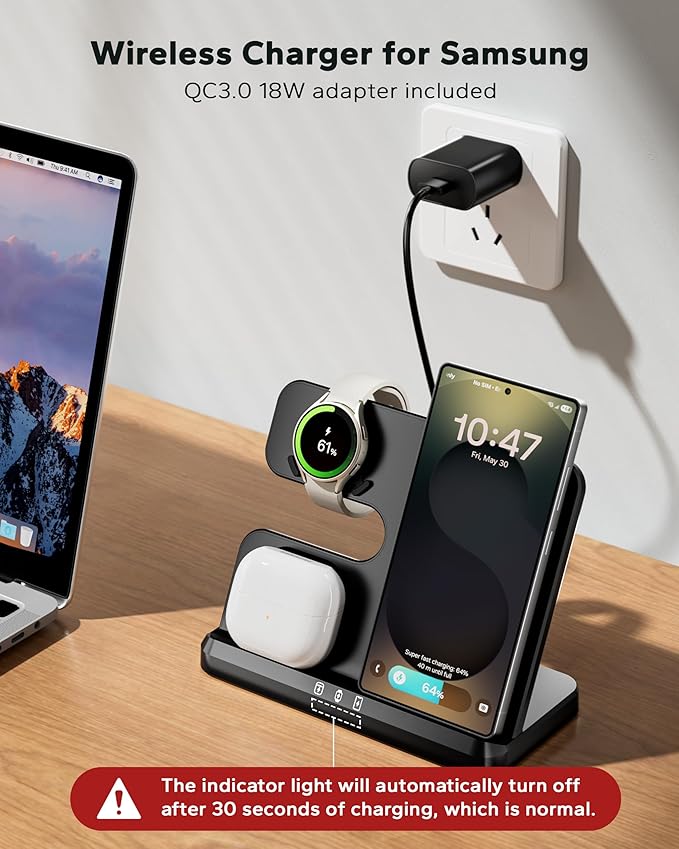 3 in 1 Charging Station for Samsung, Wireless Charger Stand for Galaxy S26/S25/S24/S23/Z Fold, Phone and Watch Charger for Samsung Watch Galaxy 8/7/6/5, Galaxy Buds 3/2/Pro