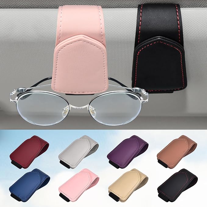 Hoffi Black Sunglasses Holder for car Visor, 2 Packs Magnetic Leather Sunglasses Clip for car Visor, car Accessories for Women and Men Interior, Visor Sunglasses Holder Clip（Black+Pink）