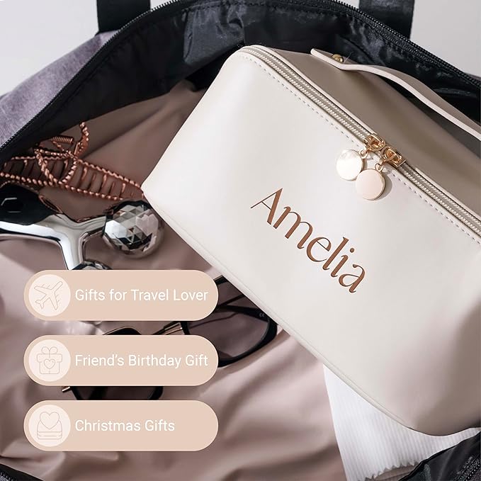 Personalized Travel Makeup Bag, Large Capacity Cosmetic Bags for Women, PU Leather Water-Resistant Portable Pouch Open Flat Toiletry Bag Make up Bag with Divider and Handle (Khaki)