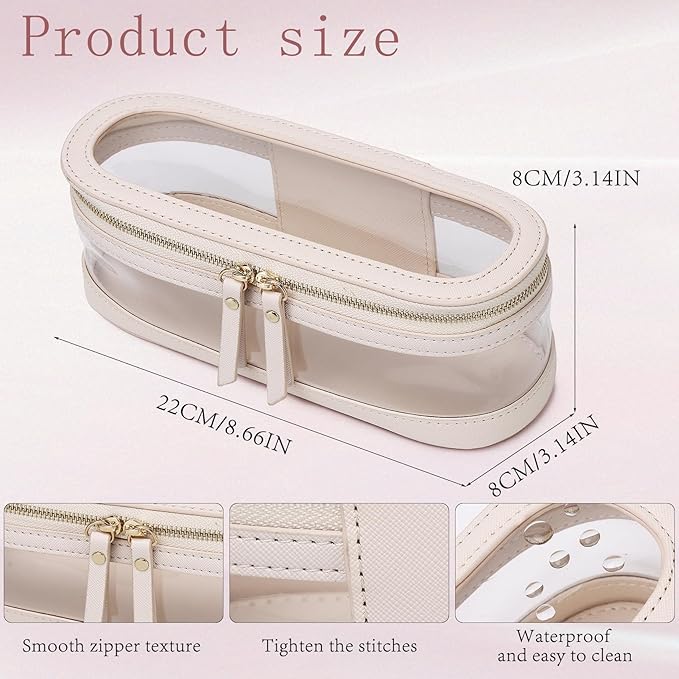 Pinkmik Makeup Brush Case Clear Travel Cosmetic & Toiletry Bag Slim Makeup Bag with Zipper Small Purse Organizer Car Essential Bag for Women (Beige, SLIM L)