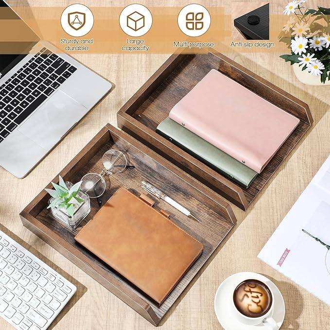 DoubleFill 2 Pcs Wooden Letter Trays Wood Letter-Size Desk Organizer Heavy Duty 2 Tier Stackable Supports Paper Tray Desktop Drawer Organizer File Folder Magazine Office Accessories (Dark Wood)