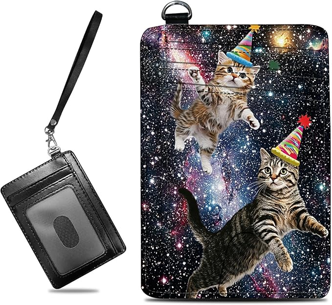 Small Travel Wallets, Cats Galaxy Nebula Slim Minimalist Front Pocket Wallet with Wristlet, RFID Blocking PU Leather Credit Card Holder with ID Window Change Purse for Men Women