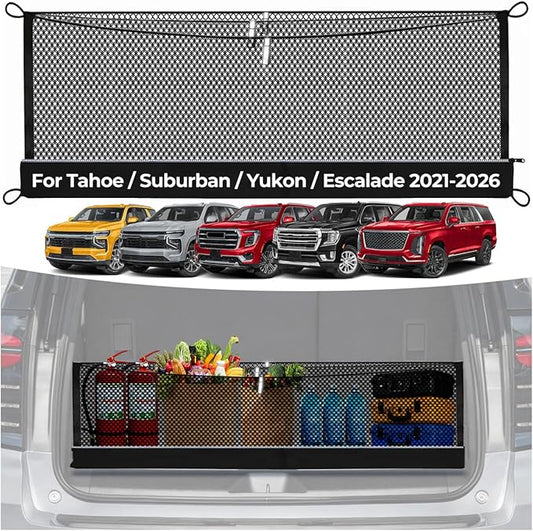 3-Layer Cargo Net for Tahoe/Suburban/Yukon/Yukon XL/Escalade 2021-2026, Zoned Storage Trunk Net with Zippered Bottom Bag, Heavy-Duty Cargo Organizer Netting, Camping/Daily Use