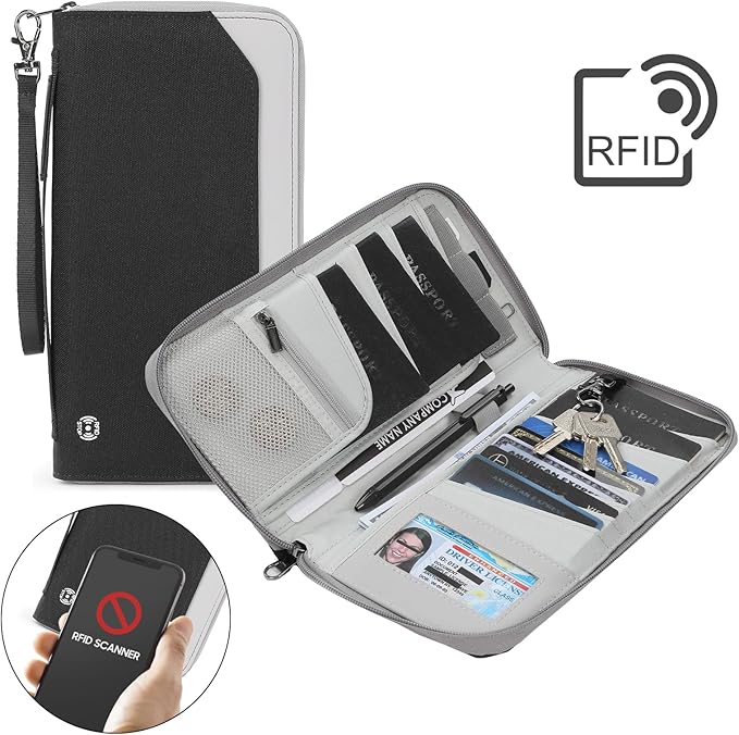 Passport Holder Family for 4, RFID Blocking Travel Wallet Women Men,Passport Wallet with Airtag Holder,Family Passport Protector Case, RFID Blocking, Lightweight, Zipper, Document Organizer, Pouch Bag