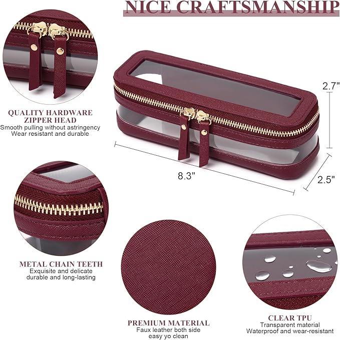 Pinkmik Makeup Brush Case Clear Travel Cosmetic & Toiletry Bag Slim Makeup Bag with Zipper Small Purse Organizer Car Essential for Women (X/Burgundy, SLIM)