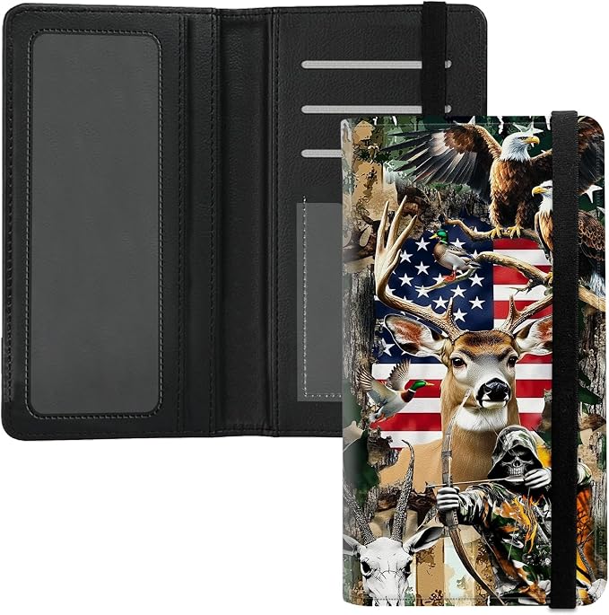 Premium PU Leather Checkbook Cover for Men & Women,RFID Blocking Slim Check Book Holder with Duplicate Check Divider & Pen Holder,Fits Standard Personal Checks,Camo Camouflage Deer Flag