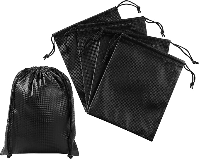 PALTERWEAR Tech-Weave PU-Coated Drawstring Bags (Set of 5) Water-Resistant, Directional-Stretch Travel Organizers for Goody Bag, Toiletries, Tech Gear, Charger - Wipe-Clean (Black 3D, 6 x 8 Inch)