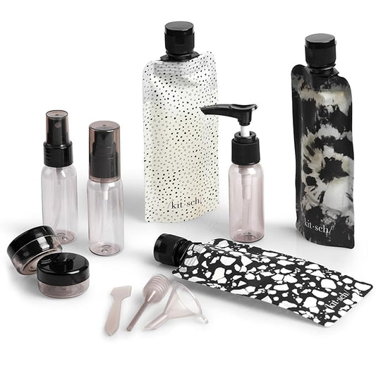 Kitsch 11 PCS Travel Containers for Toiletries – Travel Essentials Kit for Shampoo, & More - TSA Approved Bottles for Travel Size Toiletries, Leak-Proof Refillable Travel Containers - Black & Ivory