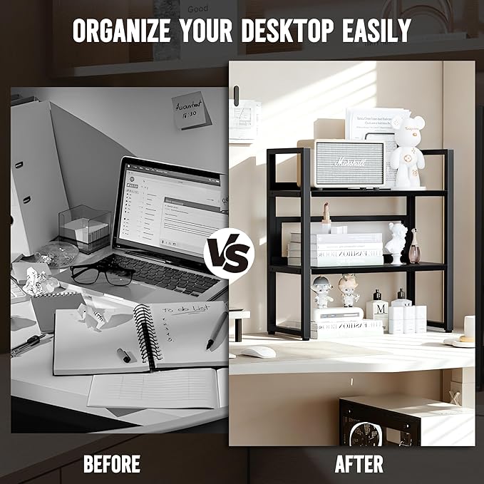 Brakki Desk Shelf Organizer, Adjustable 2 Tier Metal Desktop Shelves, Desktop Bookshelf Organization with Foot Mat, Multi-Functional Small Storage Rack for Office Dorm Home, Black