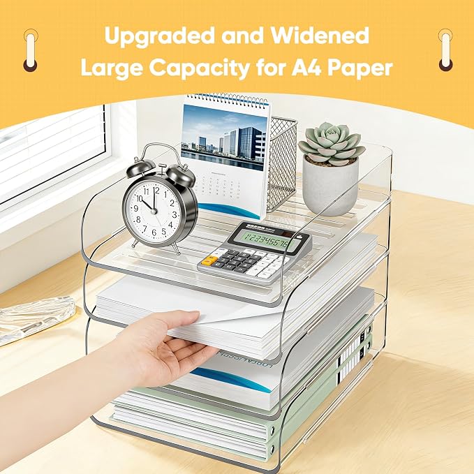 HIYOHIYO Clear Office Desktop Organization for A4 Letter Paper, 4-Tier | Vertical Style, Stackable, Large Capacity, Sturdy Office Organizer for File Folder, Stable Home Desk Holder and Storage