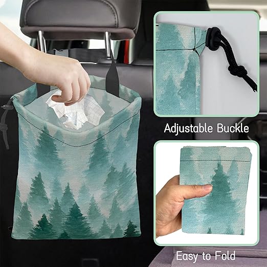 Foggy Forest Car Garbage Bag,Watercolor Forest Waterproof Small Car Trash Bag Hanging Back of Seat,Drawstring Hanging Car Trash Bag with Adjustable Buckle for Car Accessories