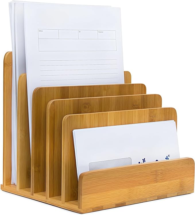 Bamboo Mail Organizer - File Holder Sorter for Letter and Folder Document Storage, Envelope Organization with 5 Slots for Office Desk, Countertop, Home Bill