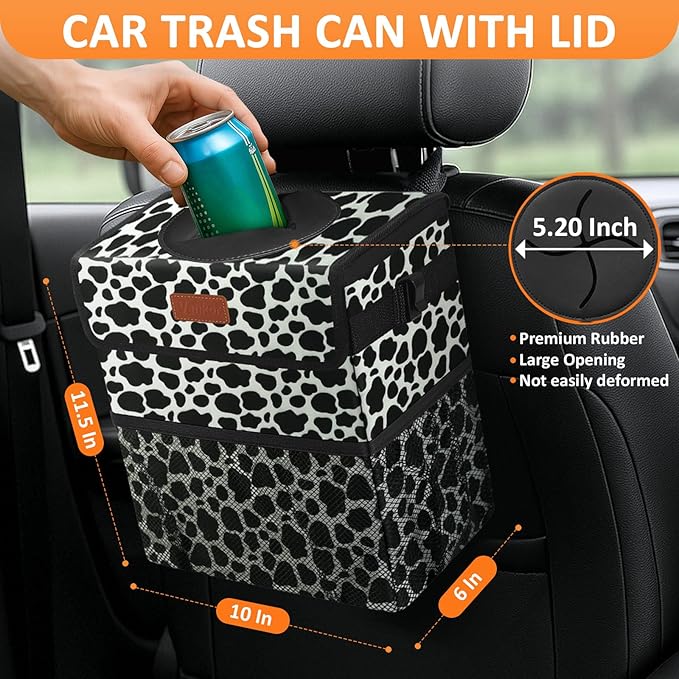 Vankor 3 Gallons Car Trash Can with Lid, Car Bag Bin Hanging Waterproof Automotive Garbage Cans Leak Proof Vehicle Trash Can Cow Print