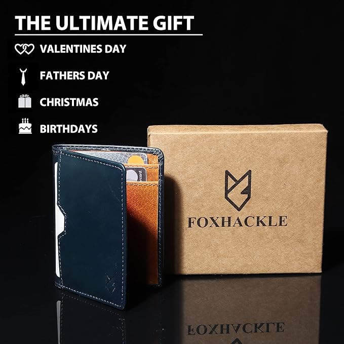 FOXHACKLE Full Grain Leather Credit Card Holder for Men and Women, Slim Bifold RFID Blocking Wallet, Thin Front Pocket Minimalist Wallet, Small Card Case.