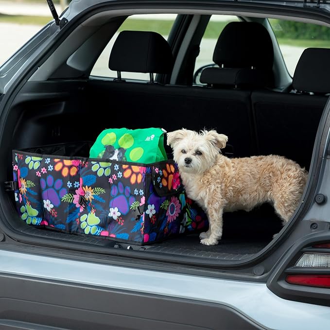 GreaterGood Collapsible Paw Print Car Trunk Organizer with 6 Pockets Truck SUV and Sedan Caddy With Compartment Vehicle Storage Container (Garden of Paws)