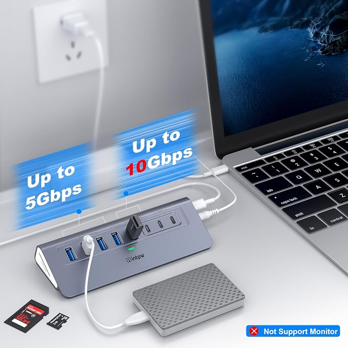 Powered USB Hub 10Gbps, Intpw YH6AC Plus 10 Port USB 3.2 Hub(USB A/USB C 3.2+3 USB-A 3.0+2 PD 45W Fast Charging Port+SD/TF Card Reader), 65W Power Adapter,Aluminum USB HUB for PC,Laptop,iPhone 17/16