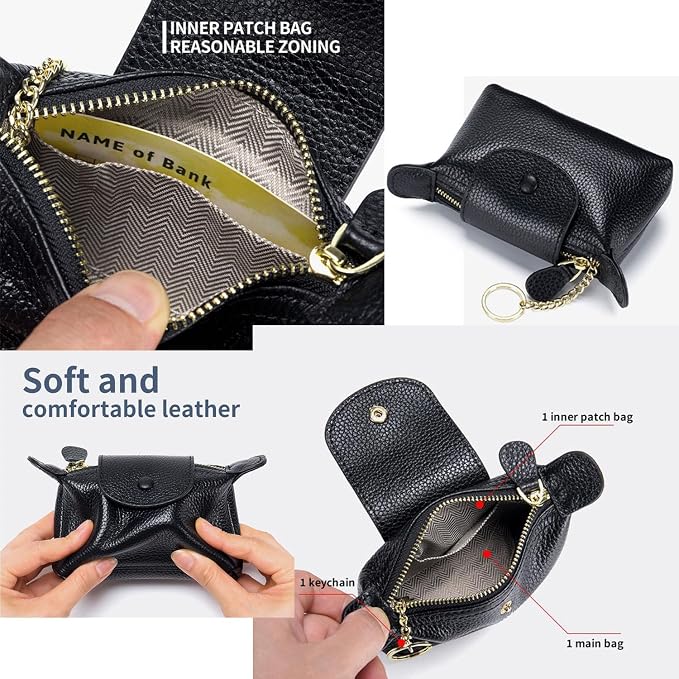 Genuine Leather Coin Purse for Women, Small Leather Mini Wallet with Keychain, Compact Change Purse for Cash, Cards, Coins and Keys, 5.12 Inch, Black