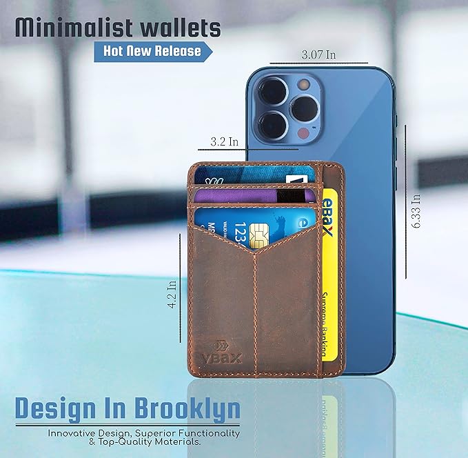 RFID Slim Wallet for Men Women, 8 Card Slot Leather Minimalist Front Pocket Credit Card Holders, Vintage Leather