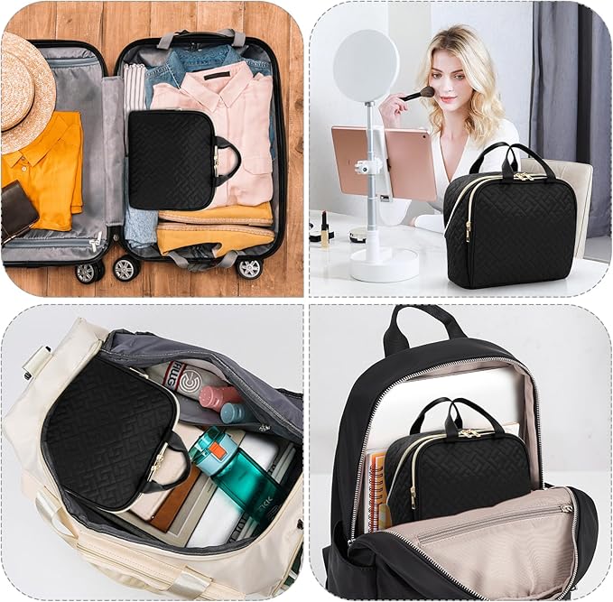 Makeup Bag, Large Capacity with Room for Brushes and Mirror, Travel Makeup Organizer, Portable Standing Make Up Case, Waterproof Cosmetic Toiletry Bags with Handle, Color Black